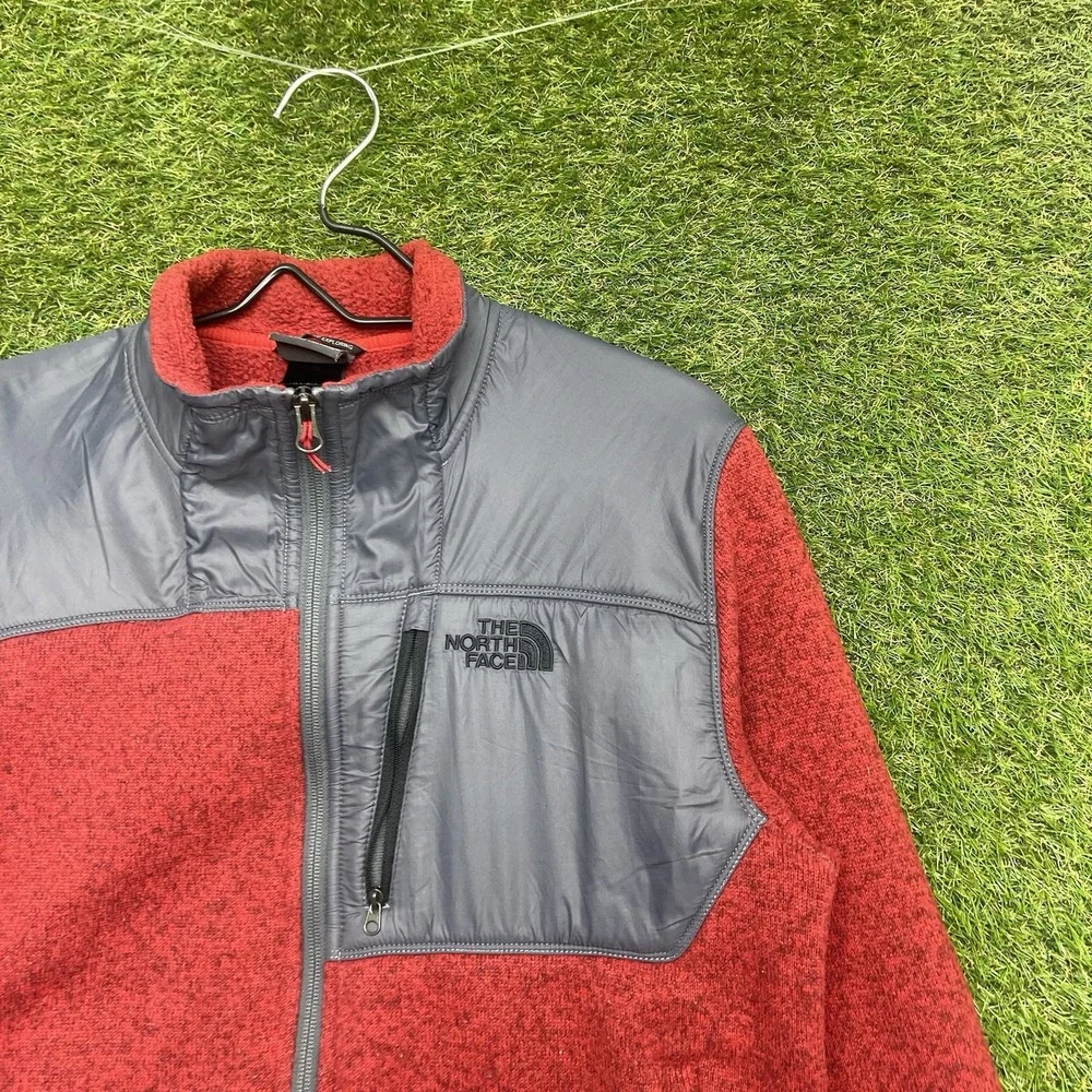 The North Face Jacket Mens Medium Red Fleece Full Zip Elbow Patch Long Sleeve